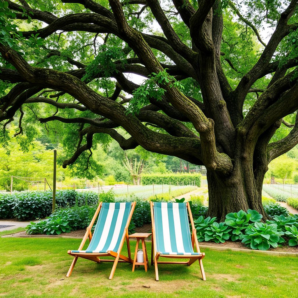 Two comfortable deckchairs positioned under a sprawling, large oak tree, providing shade in a vibrant and lush garden