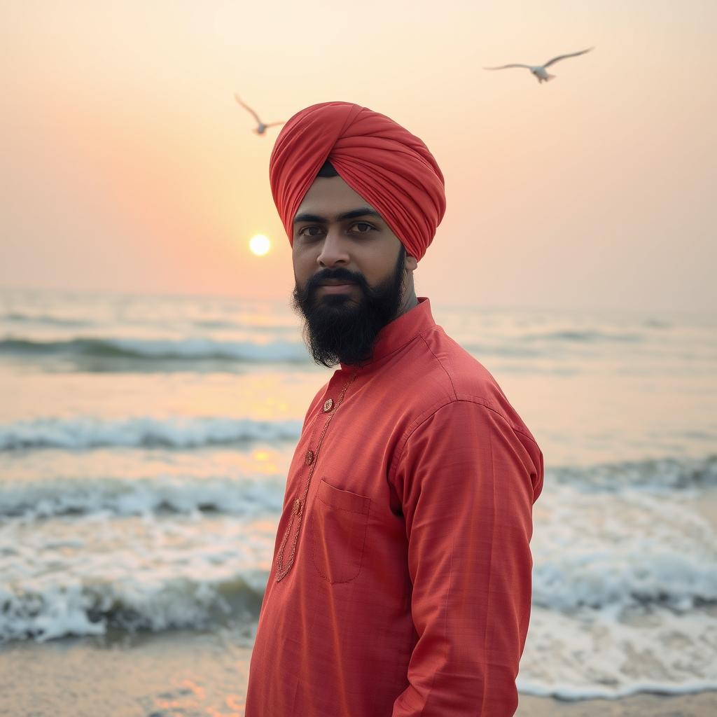 A striking image of a man wearing a traditional Punjabi turban standing confidently at the shore of a vast ocean