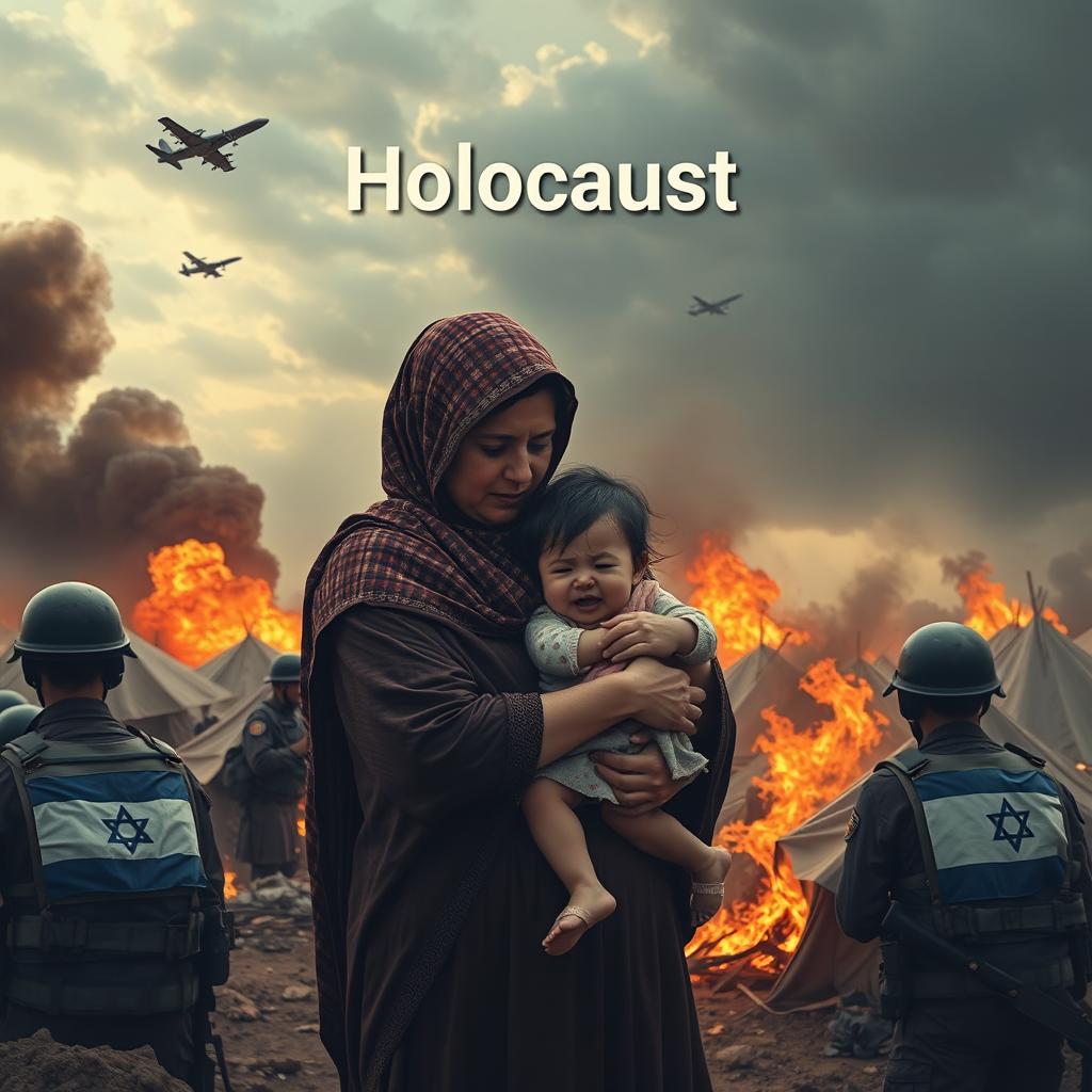 A powerful and emotional scene depicting a modestly dressed Palestinian woman wearing a traditional keffiyeh, tenderly holding a small crying girl in her arms