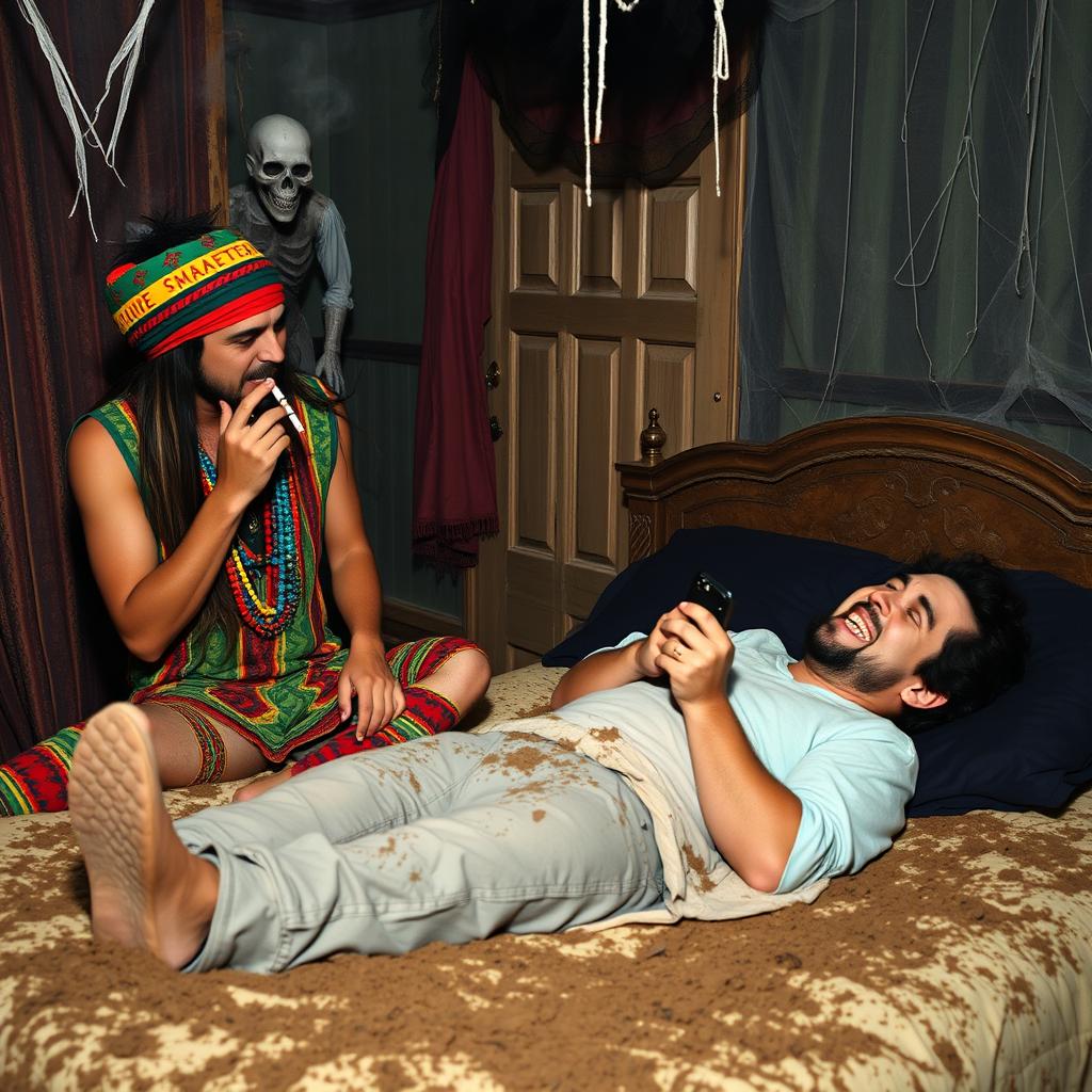 Two hippie Rastafarians smoking cigarettes, interacting with an adult male who is lying on a bed covered in dirt, all occurring in a spooky haunted house setting