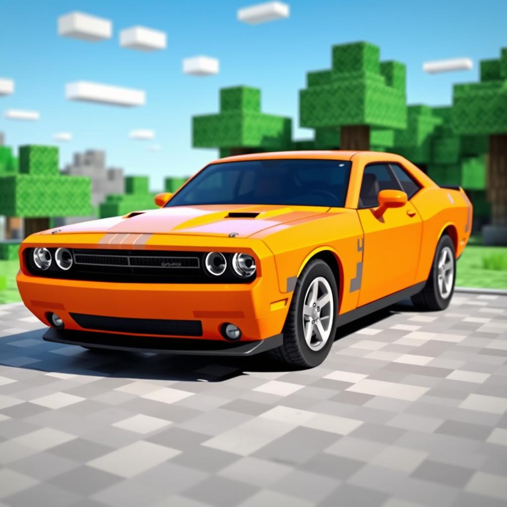 A vibrant and blocky representation of a Dodge Challenger styled as if it were in the world of Minecraft
