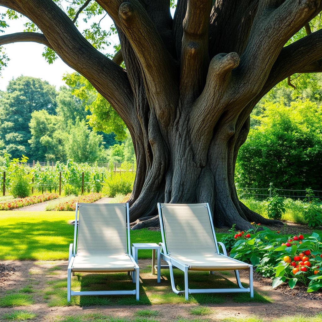 Two sun loungers nestled under the shade of a large, grand oak tree, set in a vibrant and lush garden