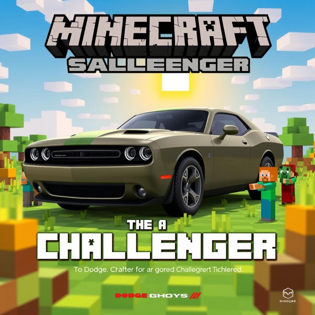 A playful advertisement for the Dodge Challenger, designed in the style of Minecraft