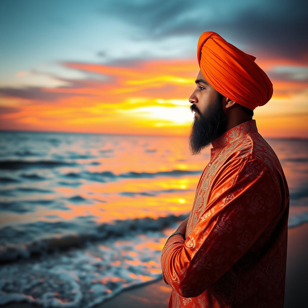A captivating image of a man wearing a traditional Punjabi turban standing tall at the shore of a vast ocean, gazing thoughtfully towards the horizon