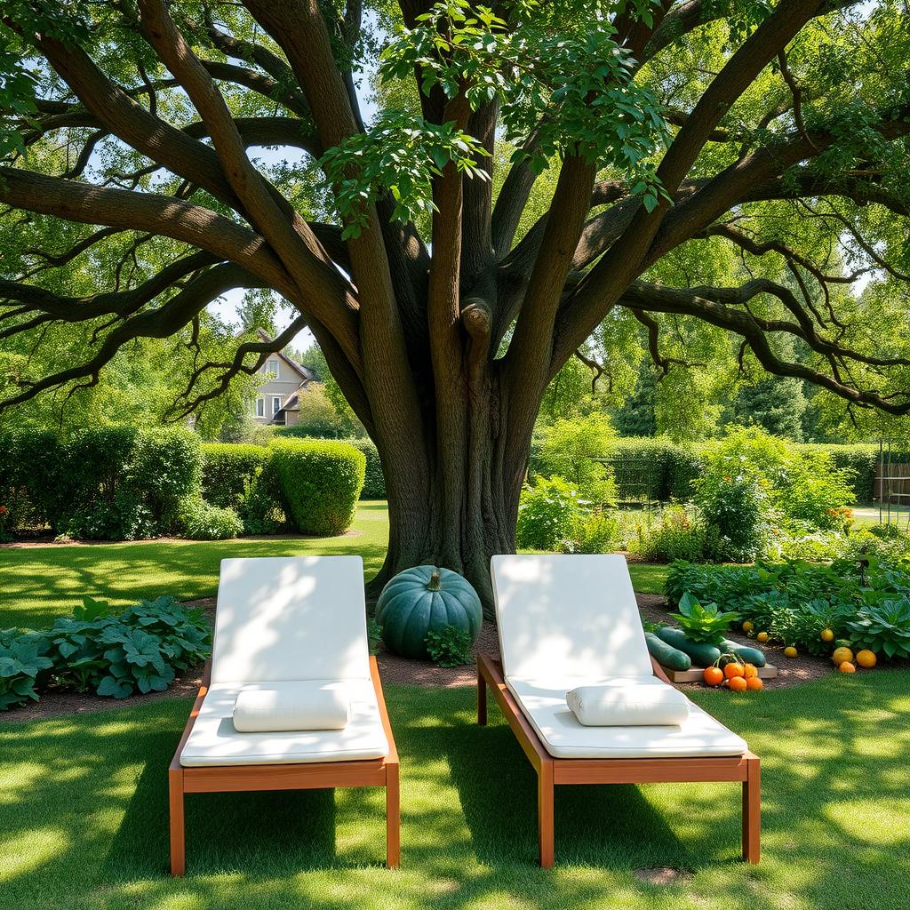Two sun loungers elegantly positioned under the expansive canopy of a large oak tree, surrounded by a lush and vibrant garden