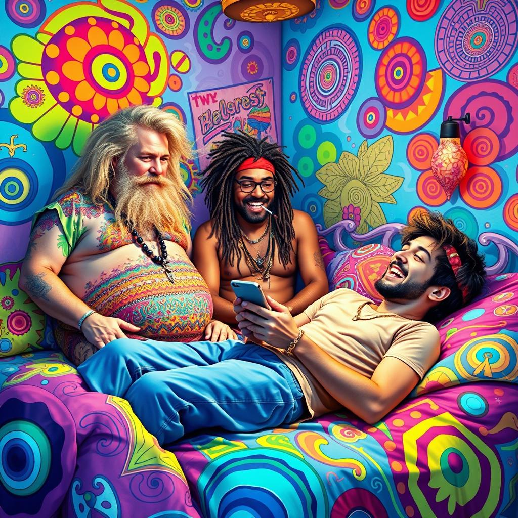 A vibrant and psychedelic scene depicting two hippies, one of which is a stout blonde man with a big belly, alongside a rastafarian, all engaging with a young adult male who is lying on a bed surrounded by colorful, trippy patterns