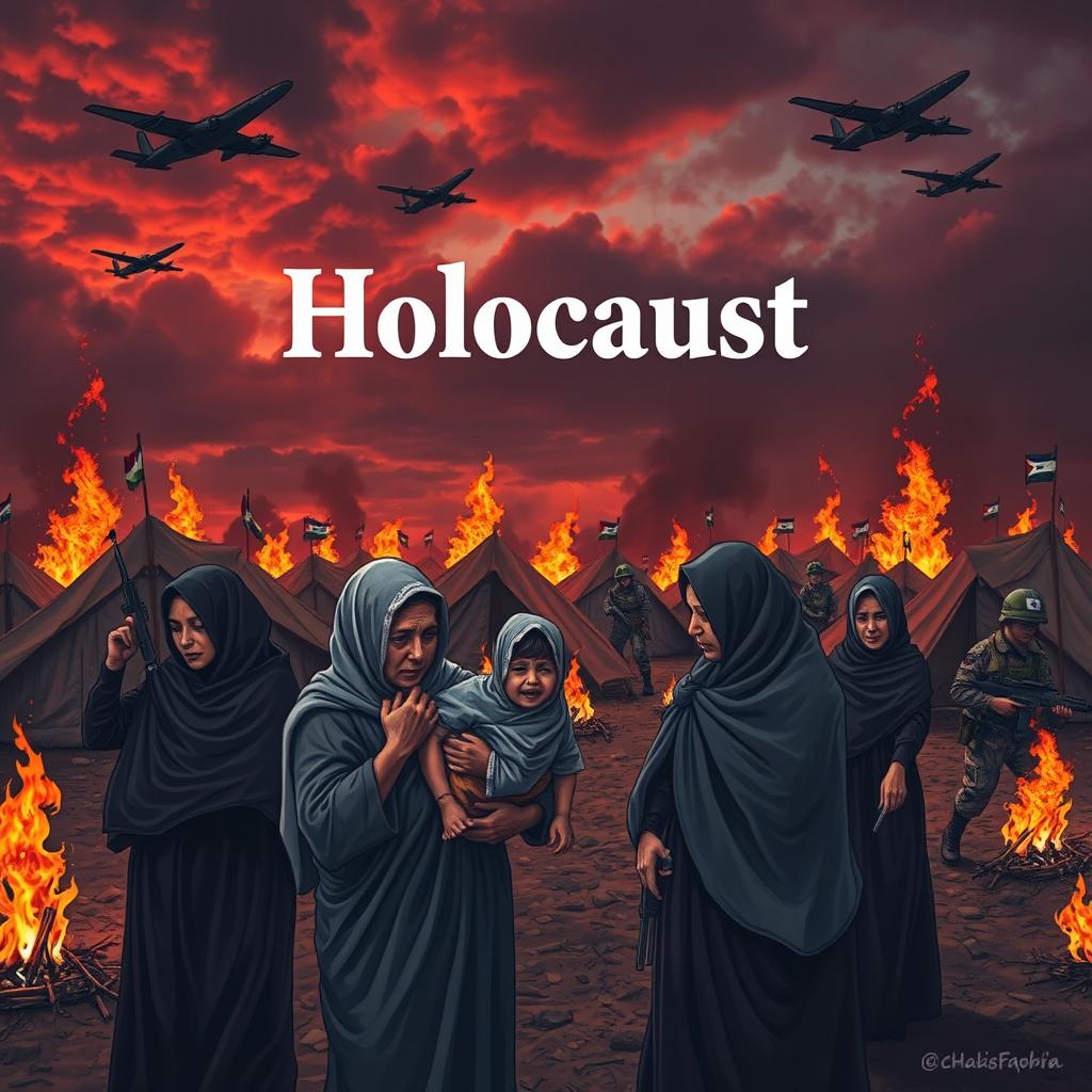 An emotional and poignant scene featuring modestly dressed Palestinian women wearing traditional keffiyehs, holding crying children in their arms