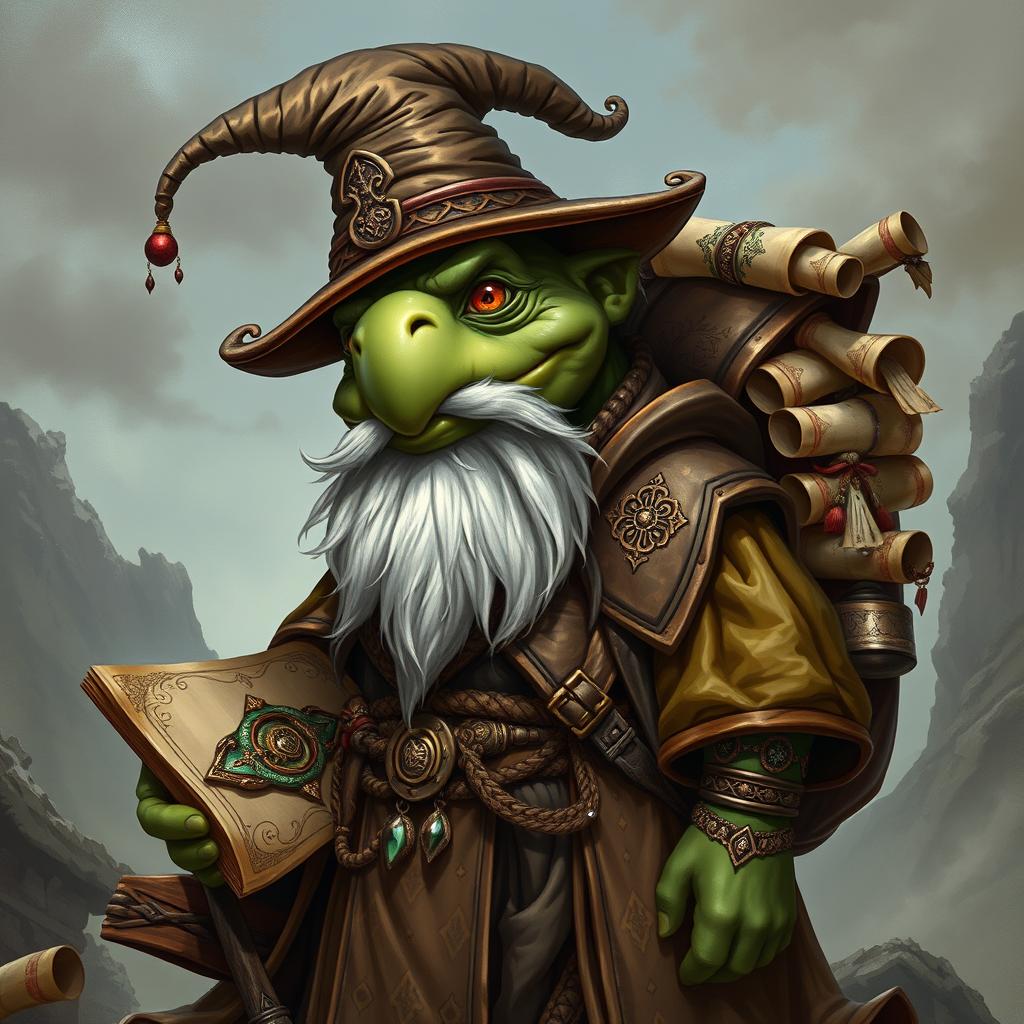 A dull green male tortle wizard with a big, scraggy white beard and a prominent mustache