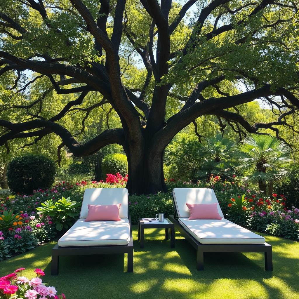 Two luxurious sun loungers gracefully placed under the shade of a majestic large oak tree, surrounded by a vibrant and lush garden filled with a variety of colorful flowers and greenery