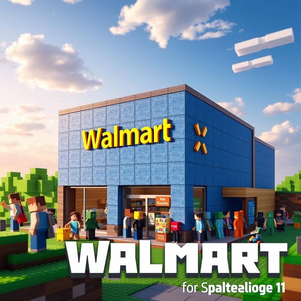 A playful advertisement showcasing a Walmart building, designed in the style of Minecraft