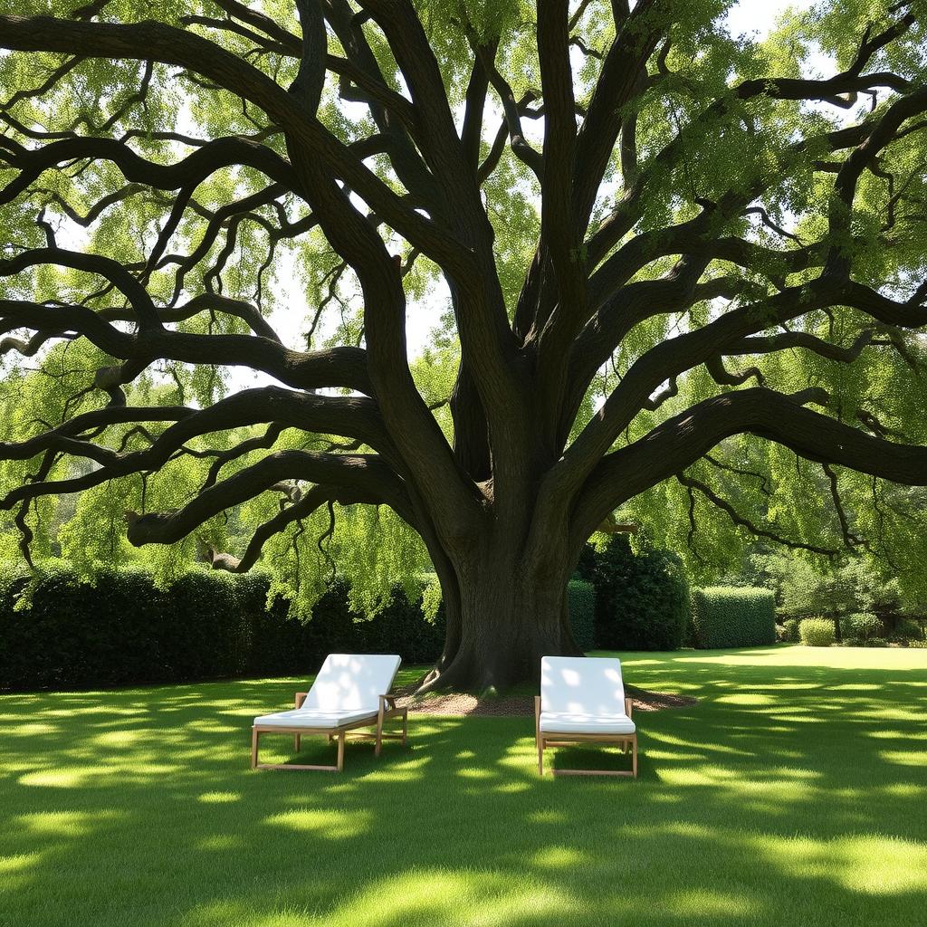 Two elegant sun loungers placed beneath the expansive branches of a large oak tree, situated in a lush garden in France