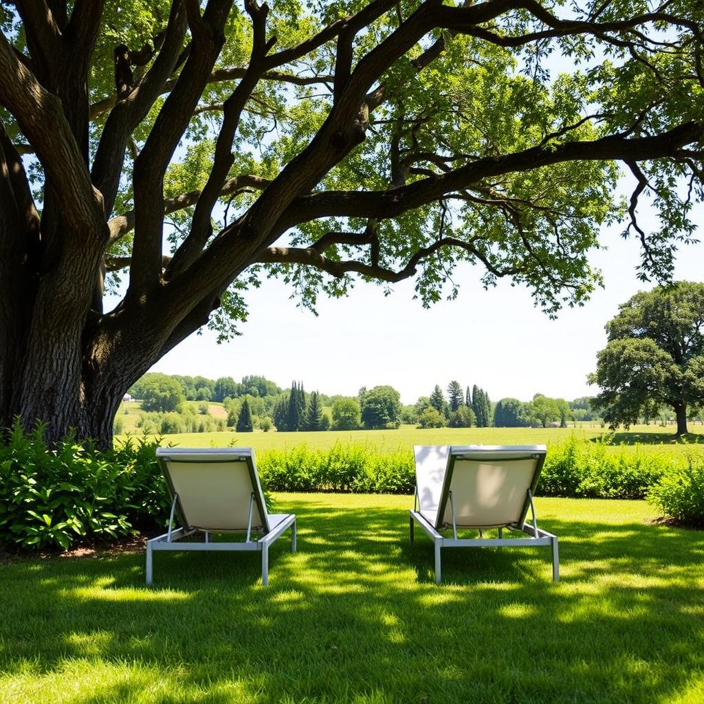 Two stylish sun loungers positioned under the shade of a sturdy oak tree, set in a lush garden in France