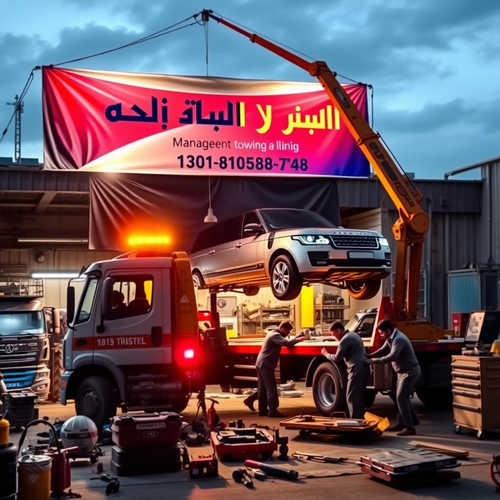 A dynamic scene featuring a car towing service in action, highlighting a tow truck and a boom crane in the process of lifting a vehicle