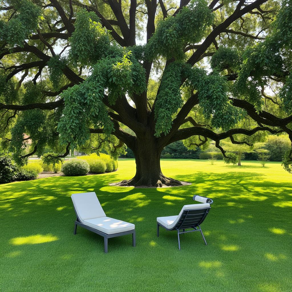 Two stylish sun loungers positioned beneath the shade of a stately oak tree, located in a lush garden in France