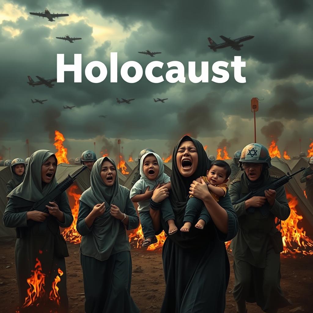 A heart-wrenching scene featuring modestly dressed Palestinian women in traditional keffiyehs, screaming in terror as they hold crying children in their arms