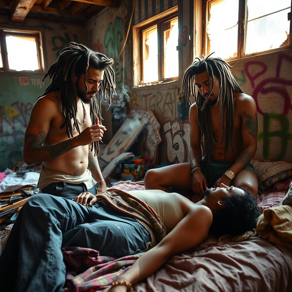 Two cool hipster Rastafarians with dreadlocks, casually smoking cigarettes, interacting with an adult male lying on a dirty bed covered in mess