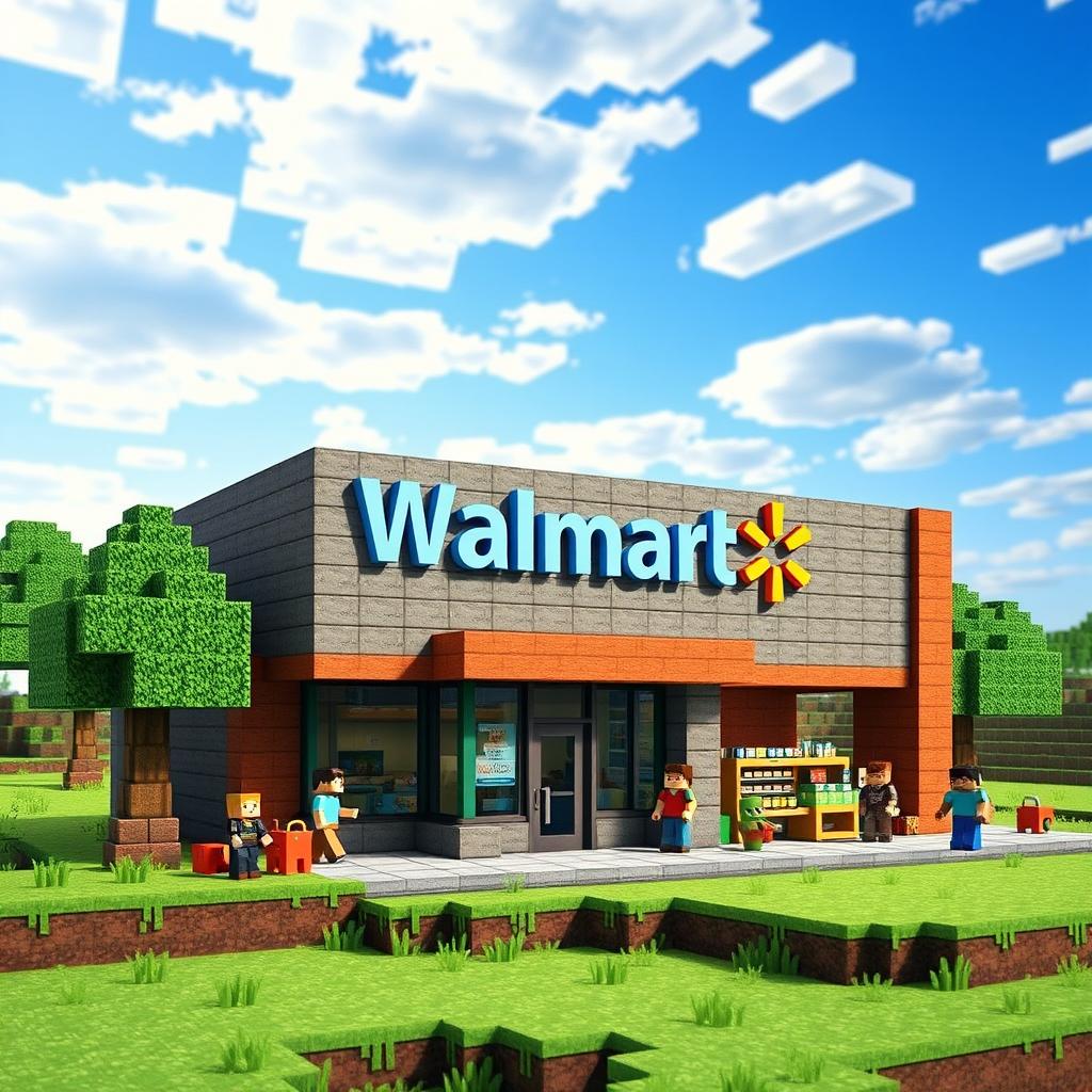 A detailed blocky representation of a Walmart building designed in the style of Minecraft