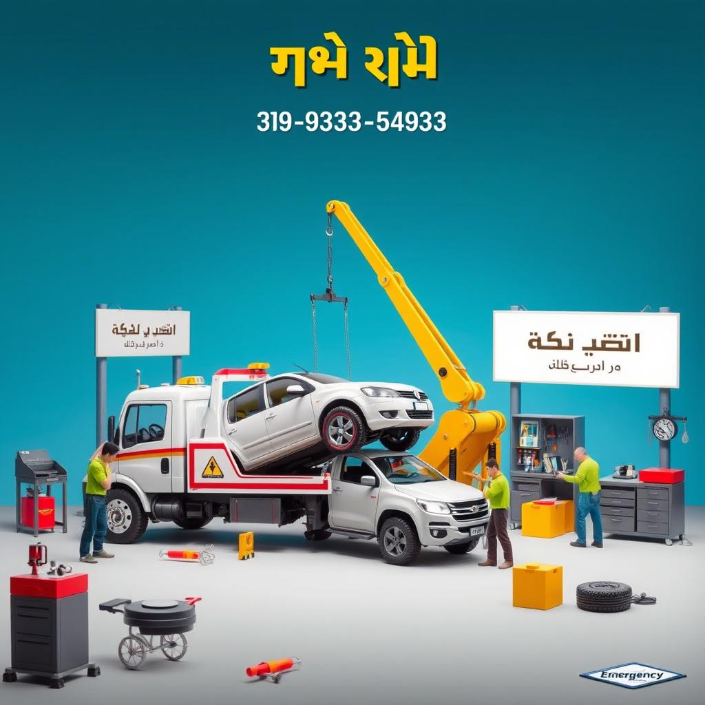 An engaging scene depicting a car rescue operation with a tow truck and a boom crane working together to lift a vehicle