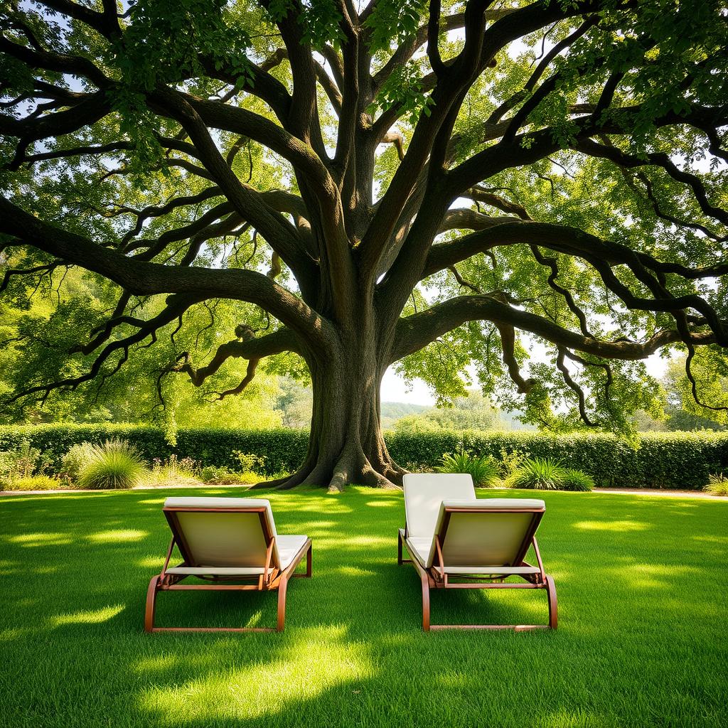 Two stylish sun loungers arranged comfortably under the shade of a majestic oak tree, situated in a lush garden in France