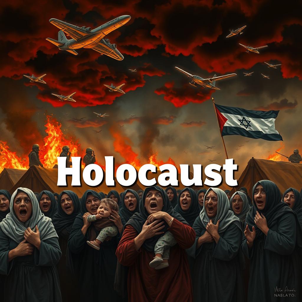 A harrowing scene where a group of modestly dressed Palestinian women wearing keffiyehs are screaming in terror, embracing crying children in their arms
