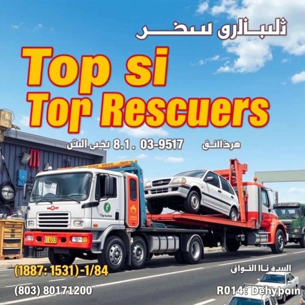 A detailed scene depicting a professional roadside assistance operation, featuring a tow truck and a wrecker crane actively transporting a vehicle