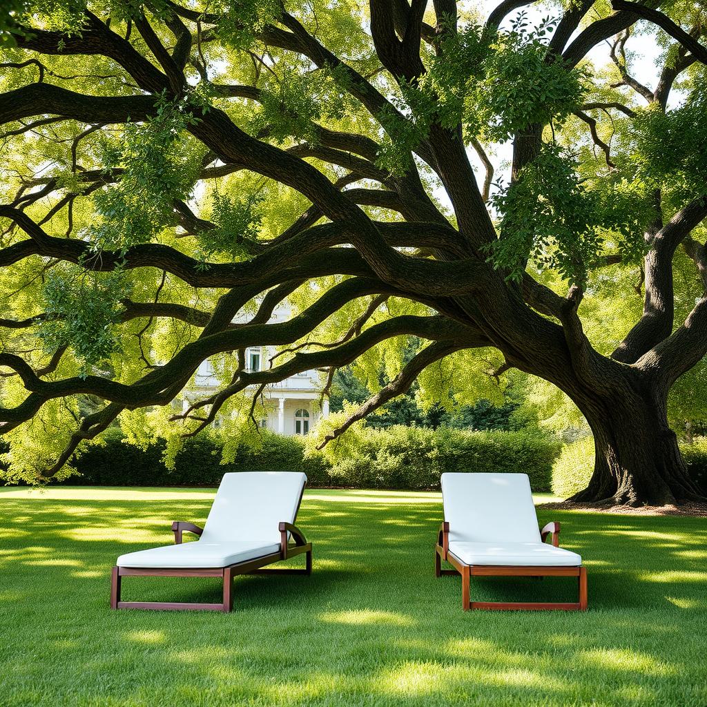 Two elegant sun loungers placed comfortably beneath the sprawling branches of a grand oak tree, situated in a vibrant, lush garden in France