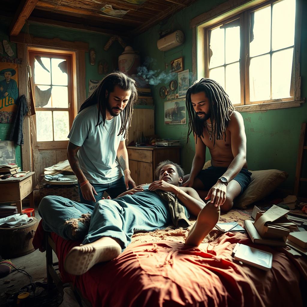 Two cool hipster Rastafarians with dreadlocks, casually smoking cigarettes, attending to an adult male lying on a filthy bed that is covered in mess