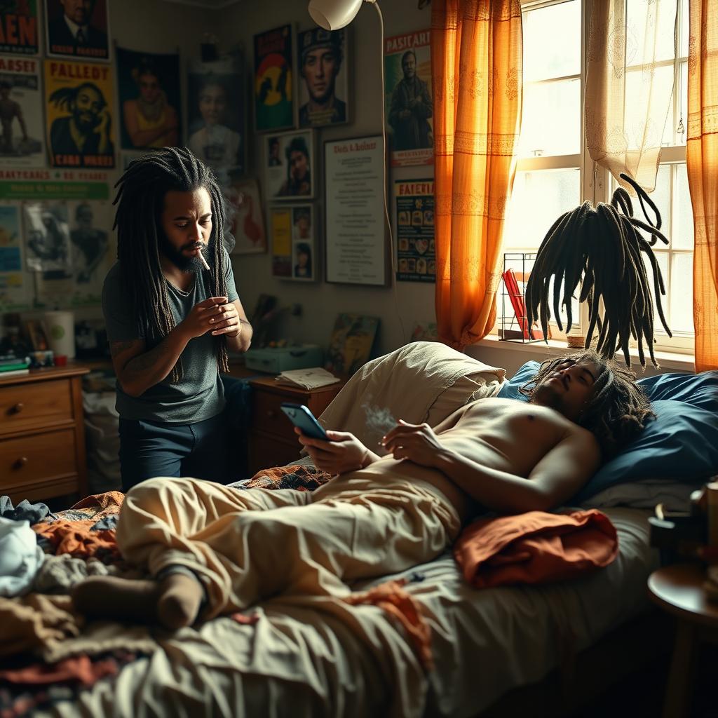 Two cool hipster Rastafarians with dreadlocks, casually smoking cigarettes, attending to an adult male lying on a dirty bed that is covered in mess, while the male looks at his phone with a sad expression