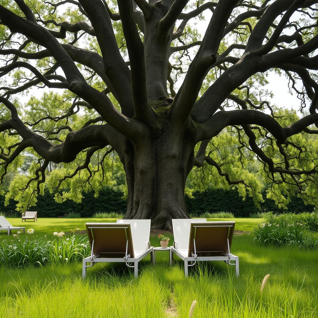 Two elegant sun loungers placed comfortably under the expansive branches of a grand oak tree, set in a lush garden in France