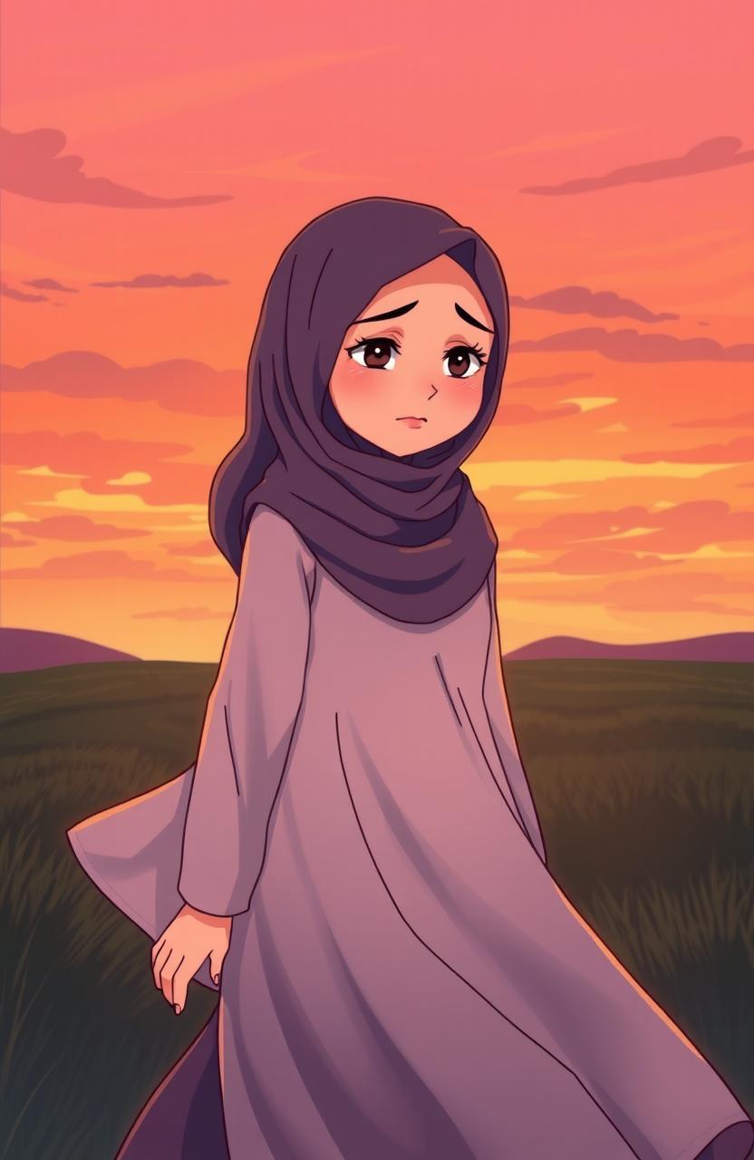 A novel cover illustration of a sad young woman wearing a hijab, walking alone in an animated style