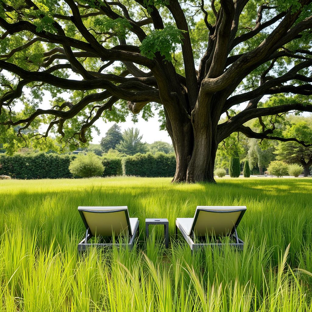 Two elegant sun loungers positioned under the broad, leafy canopy of a magnificent oak tree in a lush garden in France