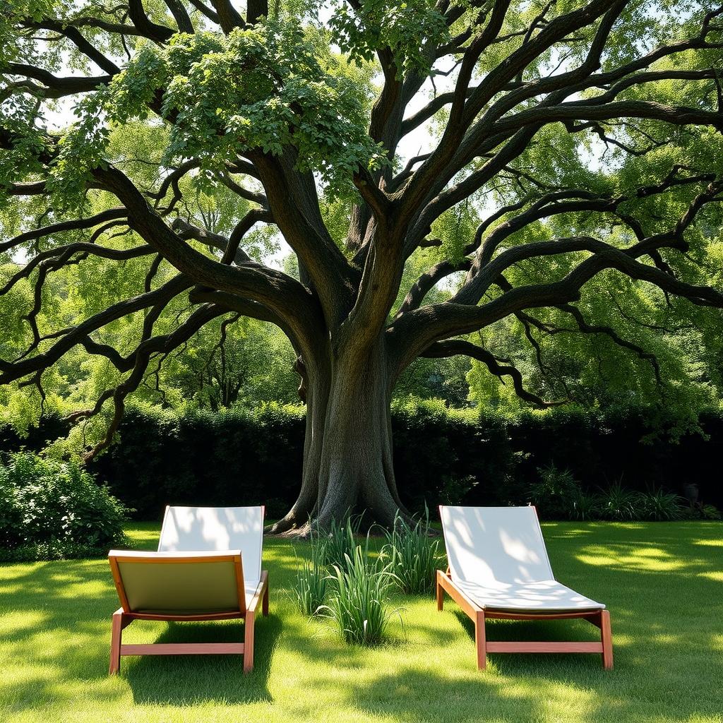 Two stylish sun loungers positioned under the ample shade of a majestic oak tree, nestled within a lush garden in France