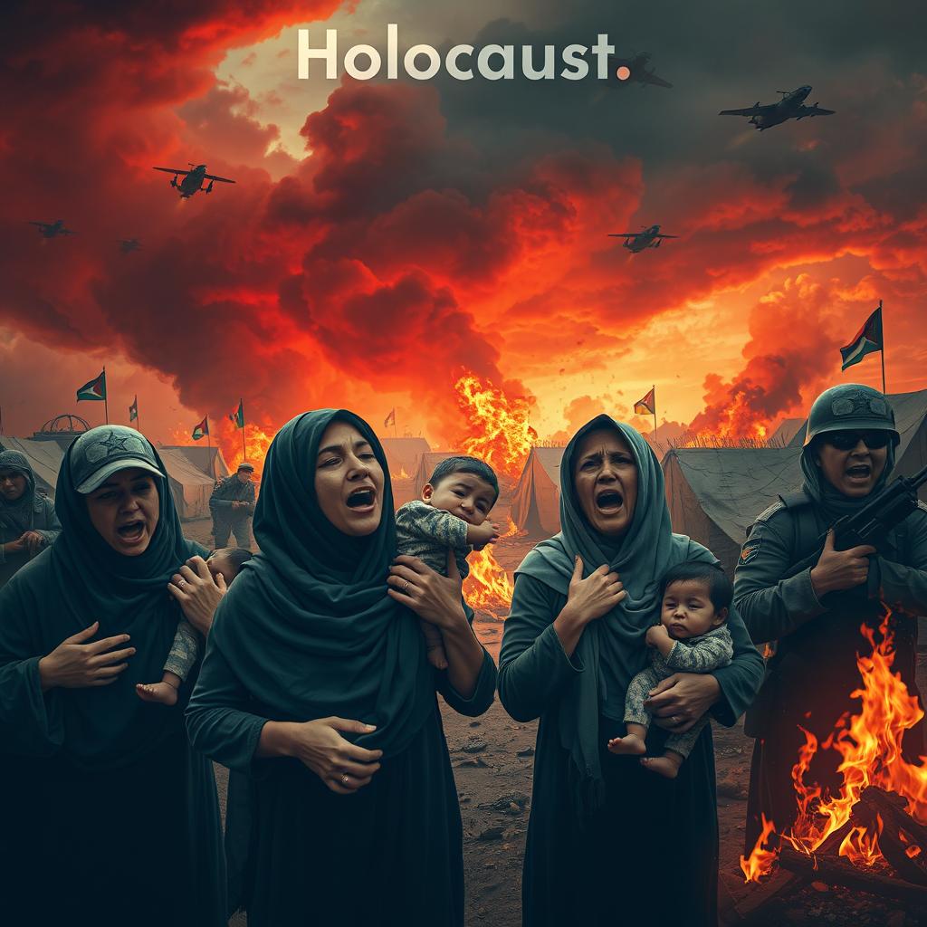 A harrowing scene depicting women wearing traditional modest attire, screaming in terror amidst burning refugee camps