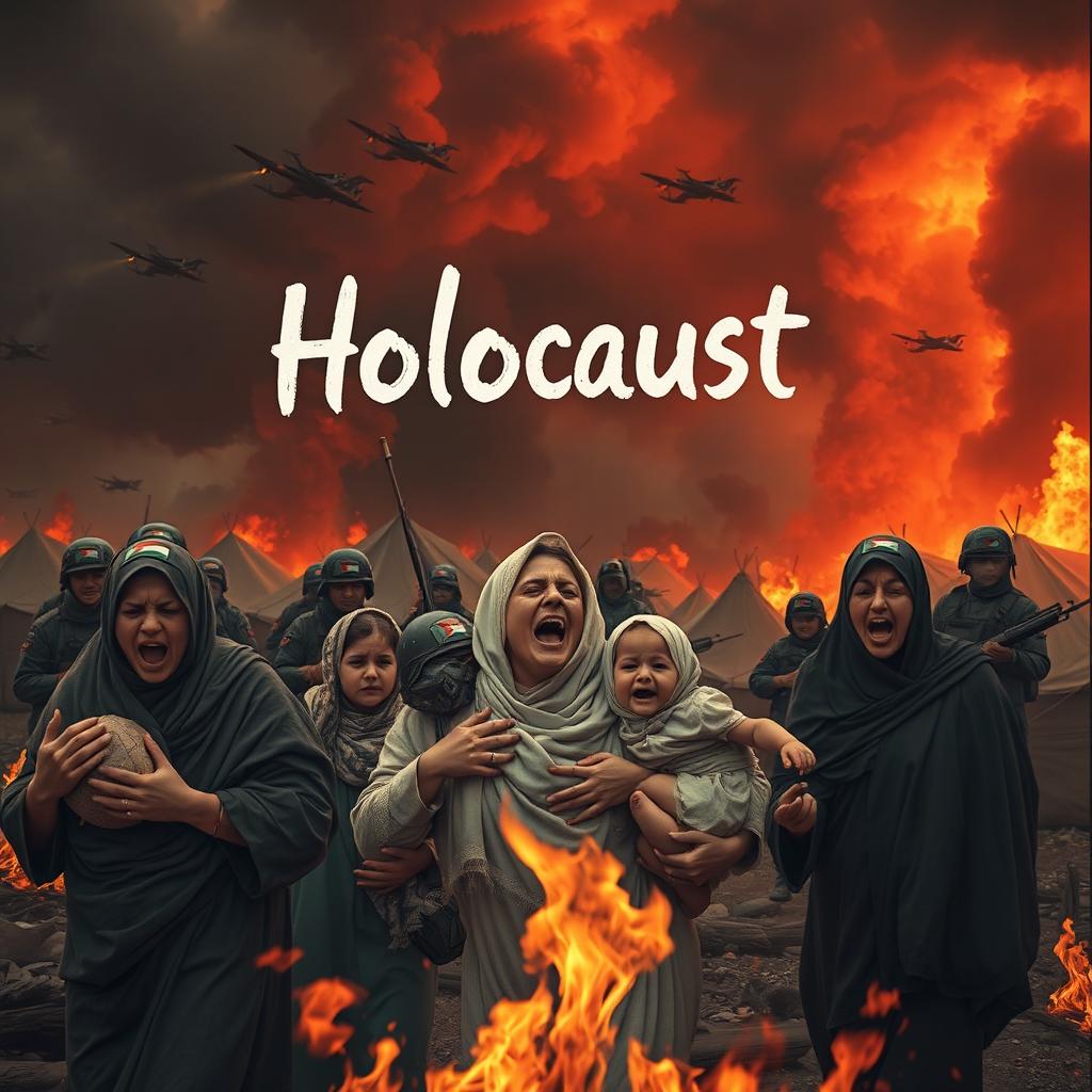 A dramatic scene of women in traditional modest clothing, screaming in fear amidst burning refugee camps