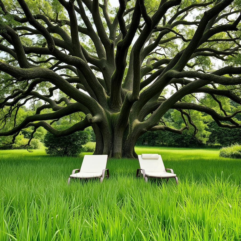 Two stylish sun loungers elegantly positioned beneath the sprawling branches of a majestic oak tree, situated in a lush garden in France