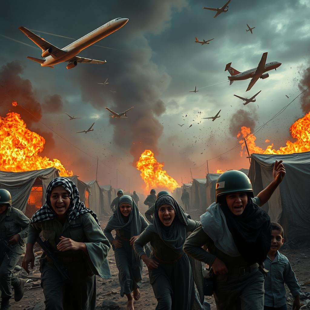 A dramatic and intense scene showing warplanes dropping bombs on Palestinian refugee tents in Gaza, with the tents ablaze