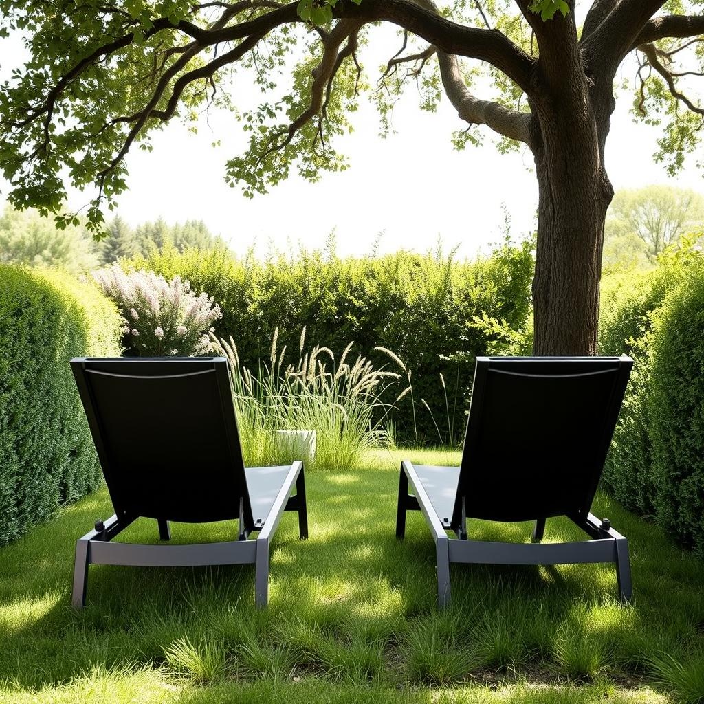 Two sleek sun loungers placed under the expansive shade of an oak tree in a small, charming garden in France