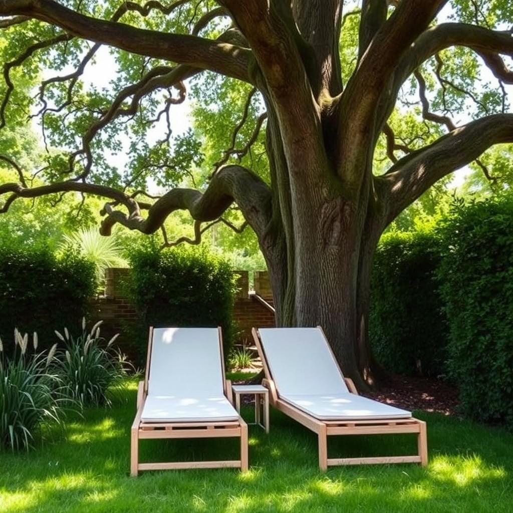 Two elegant sun loungers placed under the shade of a grand oak tree in a small, inviting garden in France