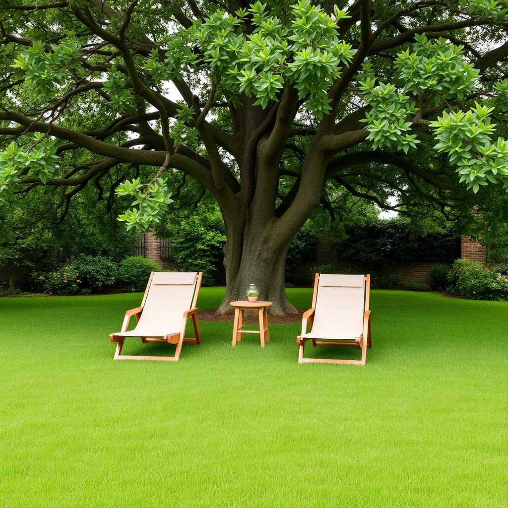 Two comfortable sun loungers placed under the broad canopy of an oak tree in a quaint small garden in France