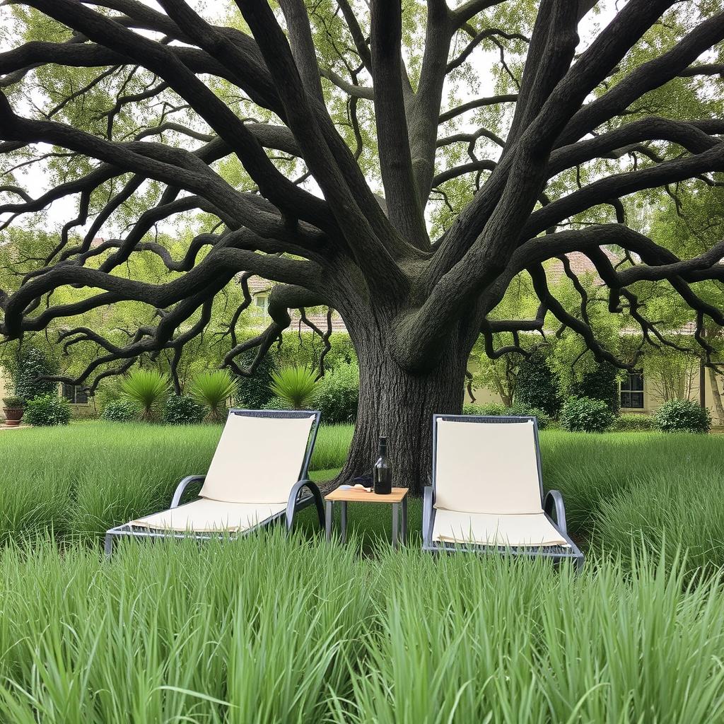Two stylish sun loungers positioned beneath the wide branches of a majestic oak tree in a quaint small garden in France