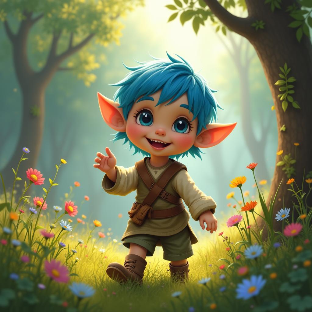 A five-year-old half-elf child with bright blue hair, joyfully exploring a vibrant forest glade