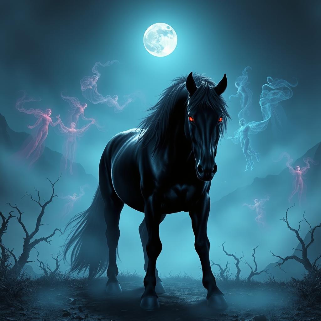 A malevolent-looking horse, with dark, glossy black fur and glowing red eyes, standing in a mystical, foggy landscape