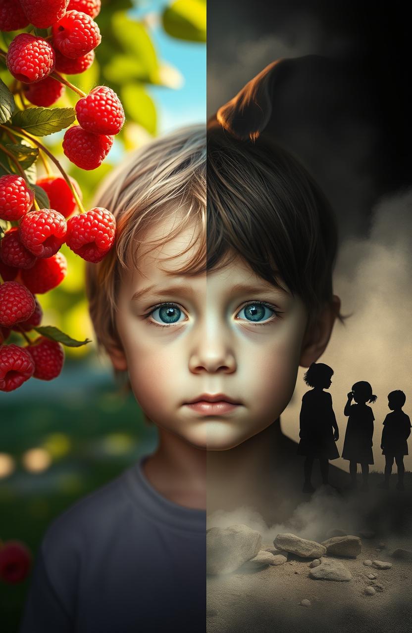 A visually striking image divided into two halves - the left side summer and childhood depicted with bright elements such as juicy raspberries, playful swings, and a happy dog frolicking in a sunny environment