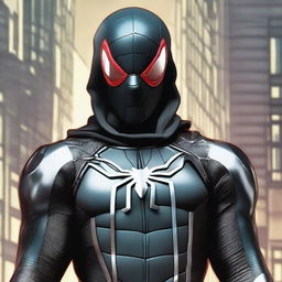 A young adult clad in a black armored suit featuring a large silver spider motif on the chest. They wear a red mask, all-black Spider-Man styled glasses, with smaller black glasses affixed to the side, and a red hood with a black interior.