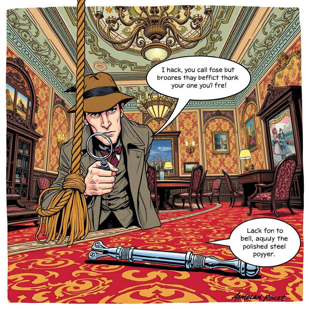 In a comic book style illustration, Sherlock Holmes is in a lavish, Victorian-style dining room, intently examining the scene