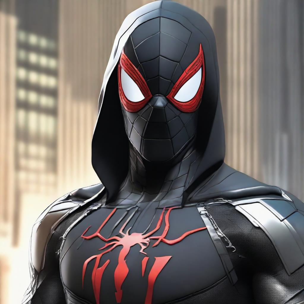 A young adult clad in a black armored suit featuring a large silver spider motif on the chest. They wear a red mask, all-black Spider-Man styled glasses, with smaller black glasses affixed to the side, and a red hood with a black interior.