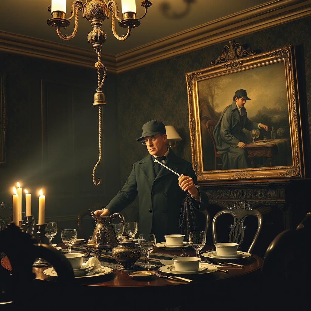 In a dimly lit Victorian dining room, Sherlock Holmes, dressed in his classic deerstalker hat and Inverness coat, intently examines the scene