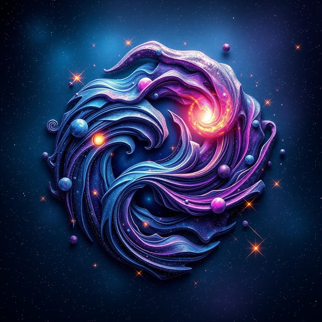 A futuristic galaxy-themed stickmuster design, incorporating vibrant colors such as deep blues, purples, and shimmering blacks, dotted with stars and celestial elements