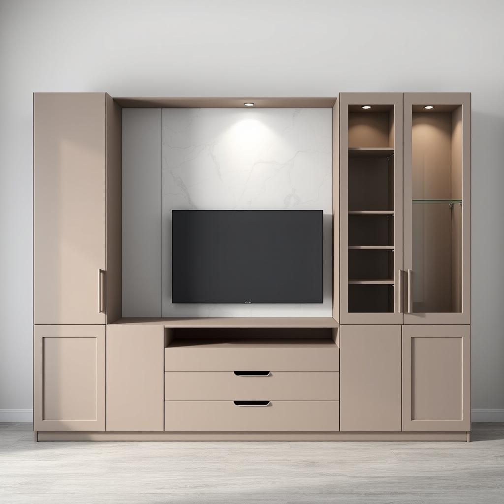 A modern custom-made living room cabinet with a width of 300 cm, a height of 210 cm, and a depth of 45 cm