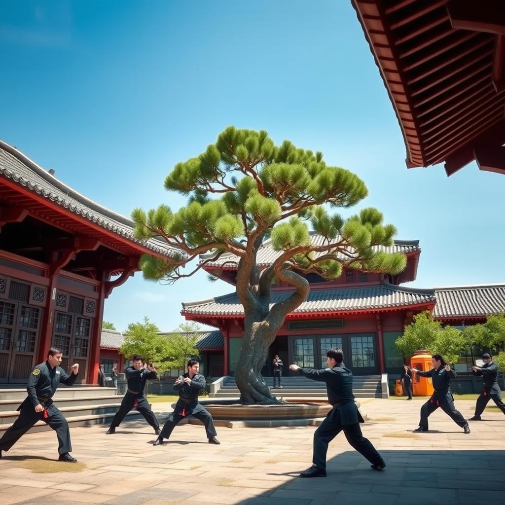 A unique fusion of a police combat training facility and a traditional Chinese kung fu temple, featuring an elegant Chinese pine tree at its center